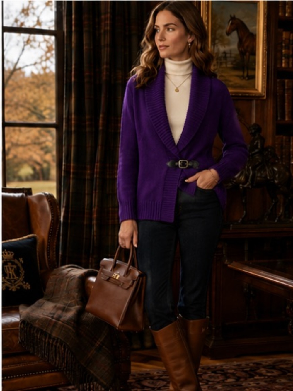 Lauren Ralph Lauren L Purple Shawl Collar Cardigan Sweater Buckle Equestrian